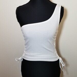 Timing Womens Medium One‎ Shoulder White Ribbed Cropped Top Festival Retro NWT